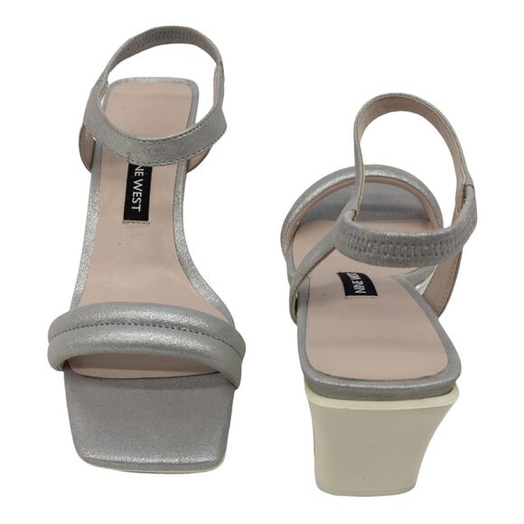 Nine West Dark Silver Metallic Urgreat Square Toe Leather Ankle Strap Sandals 5 - Picture 7 of 14